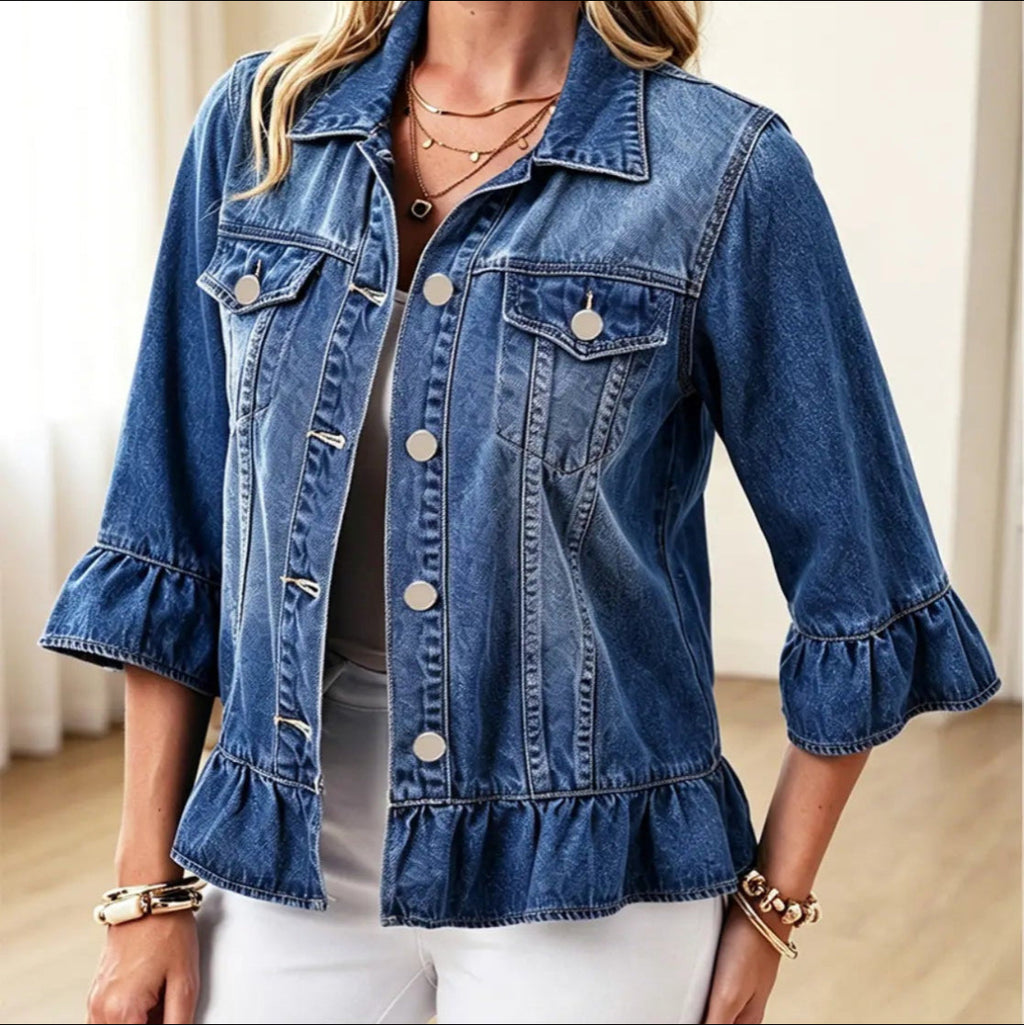 Women’s Ruffle Denim Jacket – 3/4 Bell Sleeve Button Down Jean Jacket, Casual Lightweight Cropped Coat