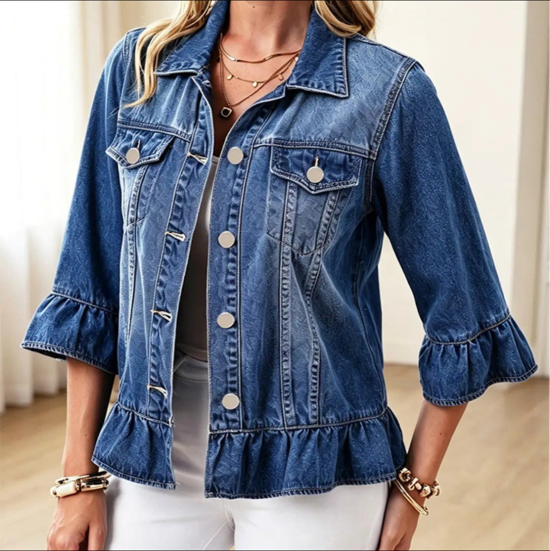 Women’s Ruffle Denim Jacket – 3/4 Bell Sleeve Button Down Jean Jacket, Casual Lightweight Cropped Coat