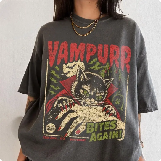 🧛‍Vampurr Bites Again T-Shirt/Sweatshirt/Hoodie – Retro Vampire Cat Halloween Graphic Tee