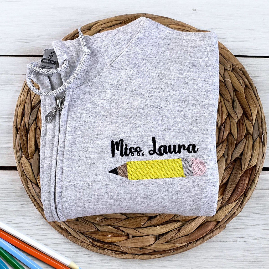 Custom Teacher Zip Up Hoodie or Quarter Zip Sweatshirt, Embroidered Gift for Teacher, Teacher Gift