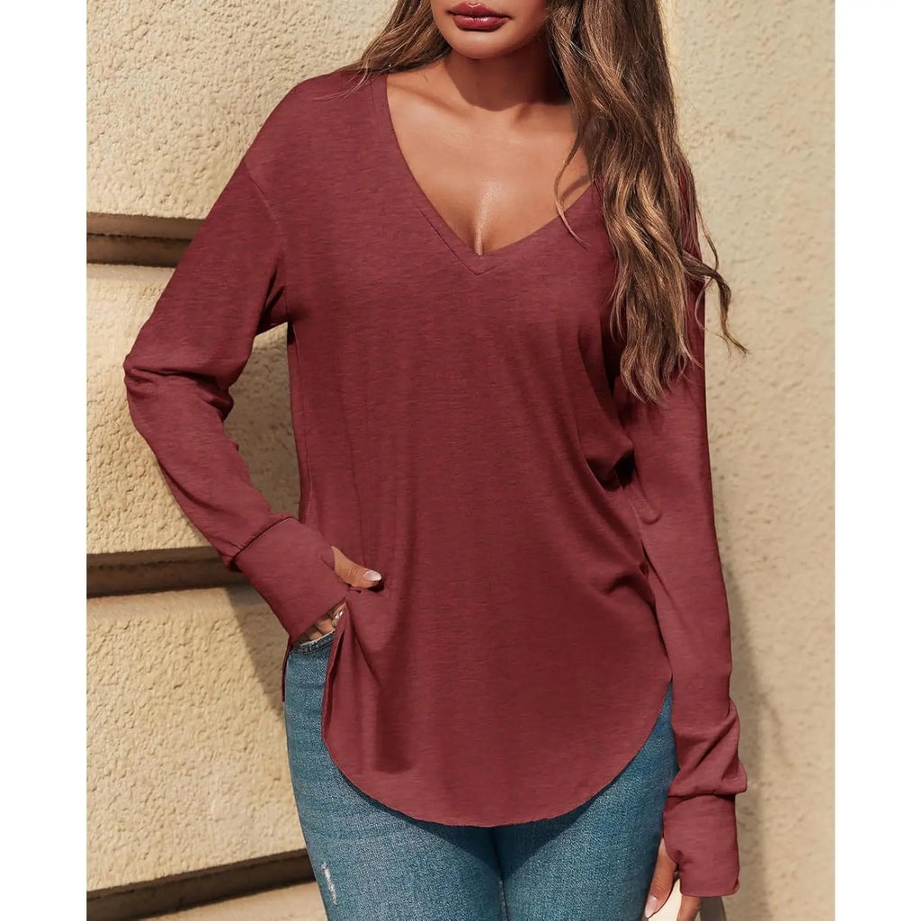Women’s V Neck Long Sleeve Tunic Top – Loose Fit Curved Hem Casual Basic T-Shirt