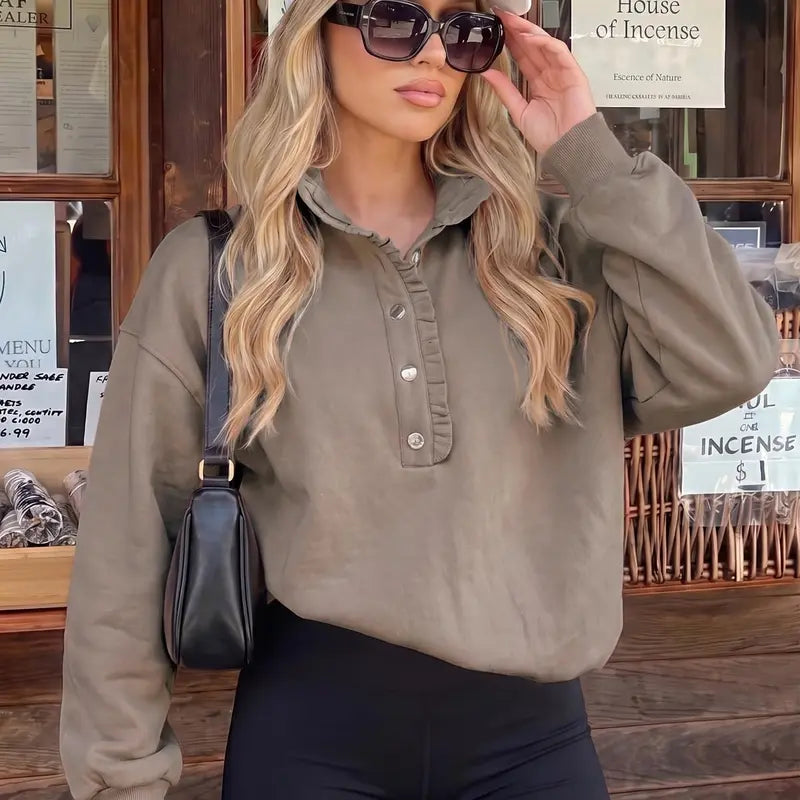 Women's Ruffle Mock Neck Sweatshirt – Oversized Snap Button Casual Pullover