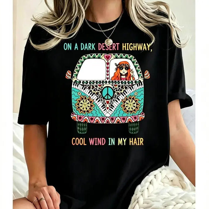🎶Colorful Bohemian Graphic Tee/Sweatshirt/Hoodie for Plus Size Women Showcasing Hippie Bus Desert Scene and Dark Highway Quote