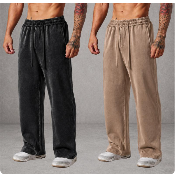 Men's Vintage Washed Baggy Heavyweight Fabric Sweatpants – Loose Straight-Leg Drawstring Pants