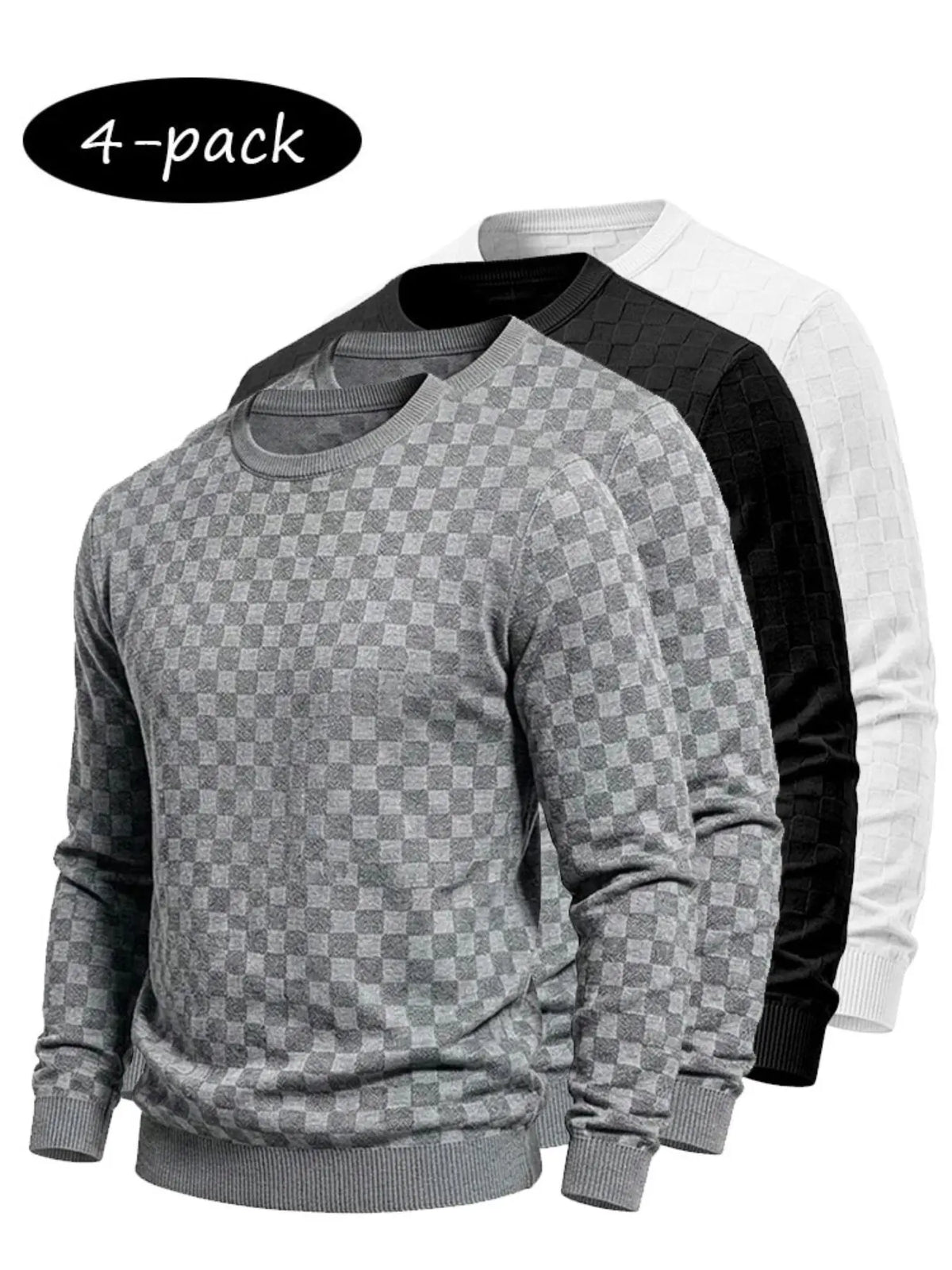 4-Pack Men’s Checkered Knit Sweaters – Lightweight Crewneck Long Sleeve Pullovers