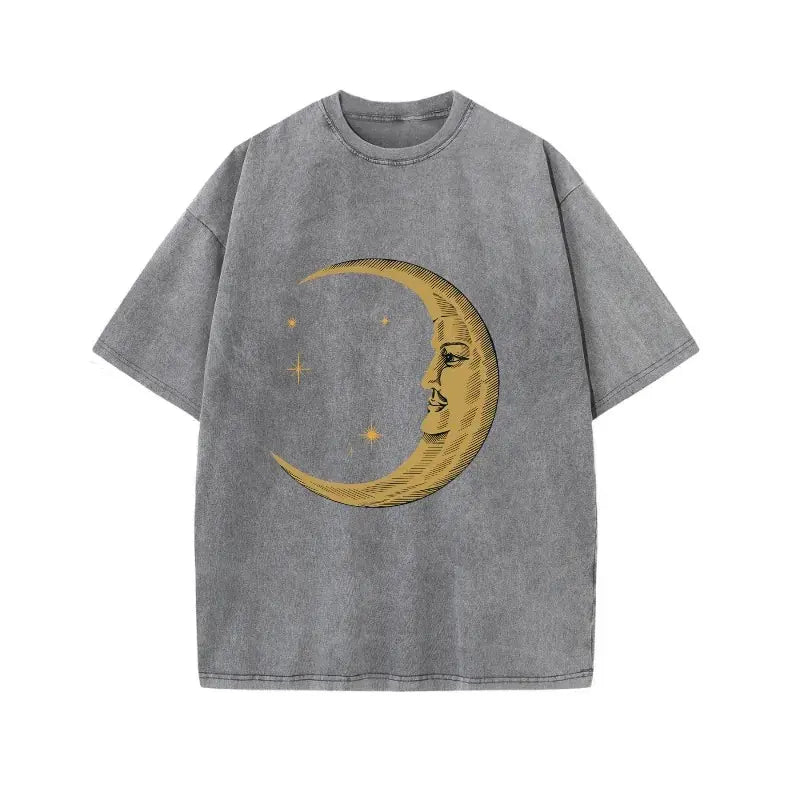 🌙 Celestial Moon Graphic Tee - Vintage Washed T-Shirt