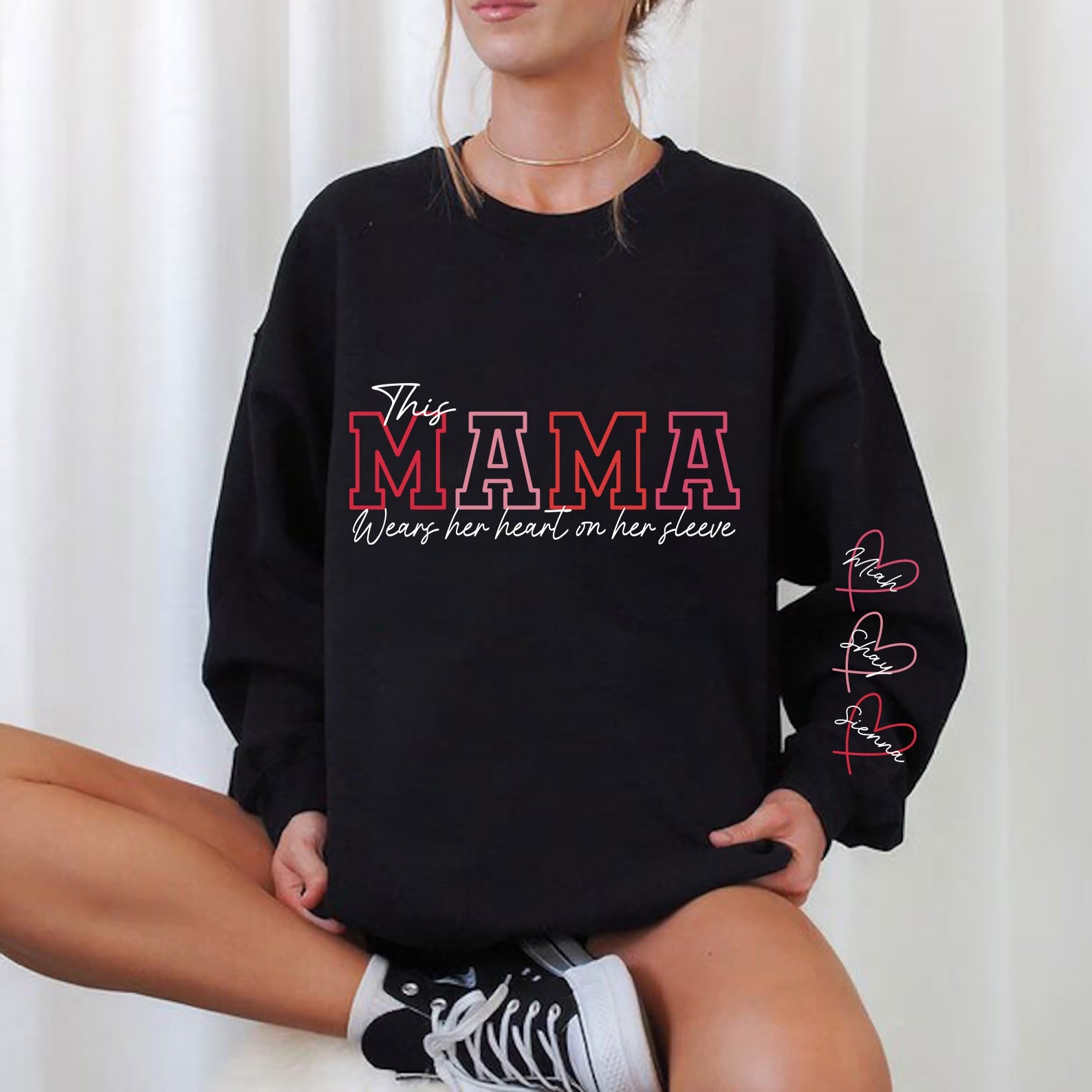 Personalized MAMA Wears Her Heart On Her Sleeve Sweatshirt