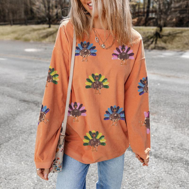 Women's Sequin Print Effect Turkey Thanksgiving Sweatshirt – Oversized Corded Holiday Pullover