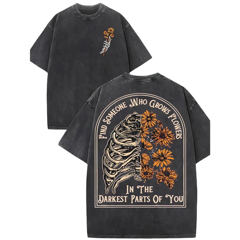 Skeleton Sunflower Graphic T-Shirt/Sweatshirt/Hoodie – Vintage Gothic Floral Front & Back Tee