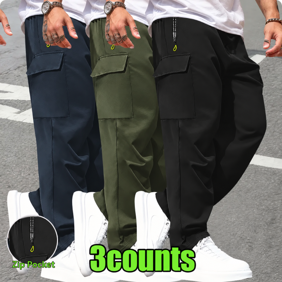 3-Pack Men’s Cargo Pants – Multi-Pocket Drawstring Utility Joggers with Zip Pockets