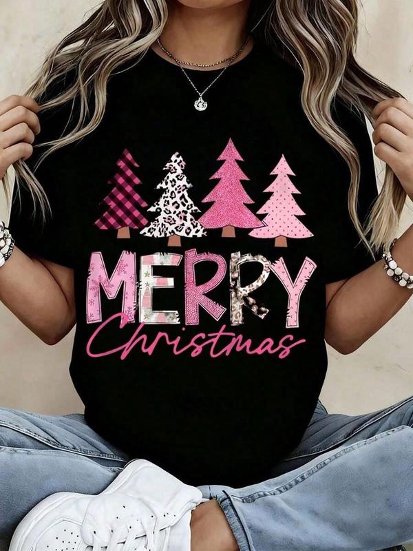 Merry Christmas T-Shirt For Women Festive Pink Plaid & Leopard Print Trees Design Holiday Seasonal Graphic Tee Cute Xmas Party Gift Idea 100% Cotton Fabric Regular Fit Short Sleeve Tops Style Lightweight