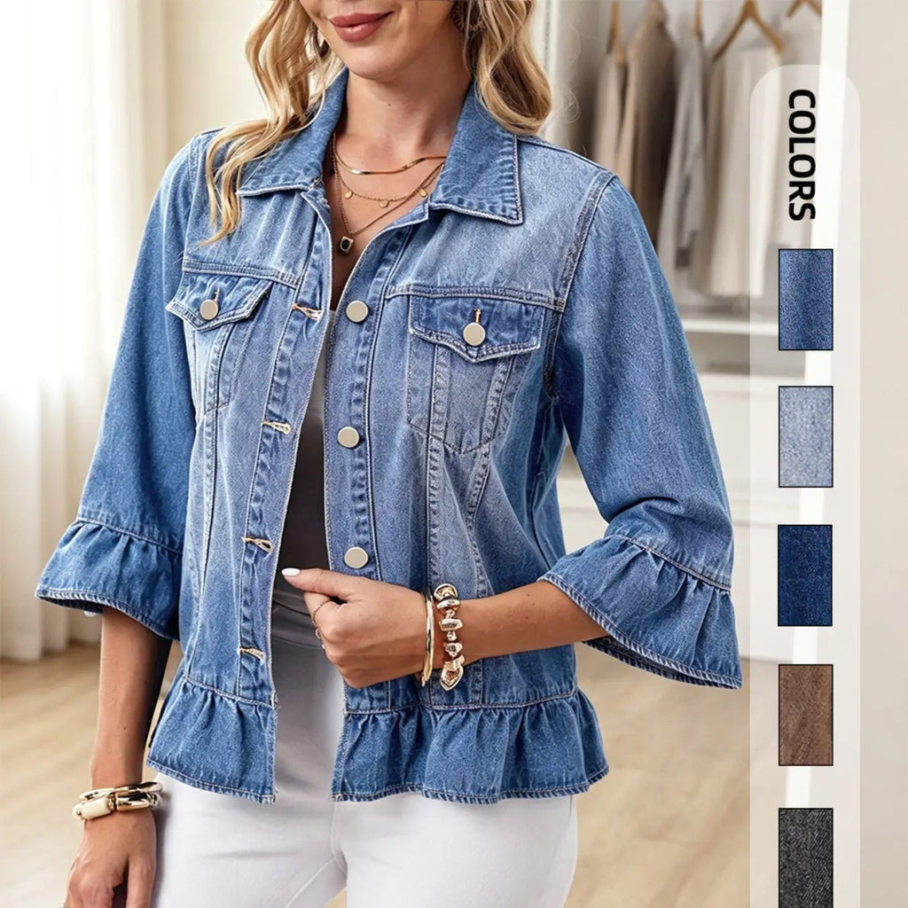 Women’s Ruffle Denim Jacket – 3/4 Bell Sleeve Button Down Jean Jacket, Casual Lightweight Cropped Coat