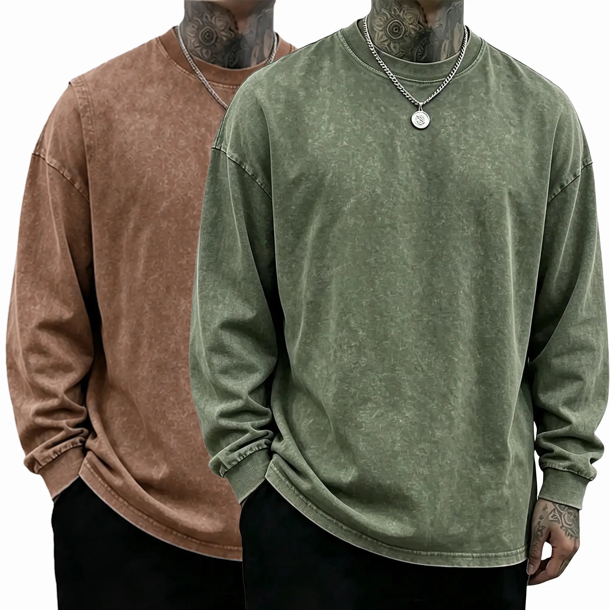 Men’s Vintage Washed Long Sleeve T-Shirt/Sweatshirt/Hoodie – Oversized Crewneck Relaxed Fit Streetwear Tee