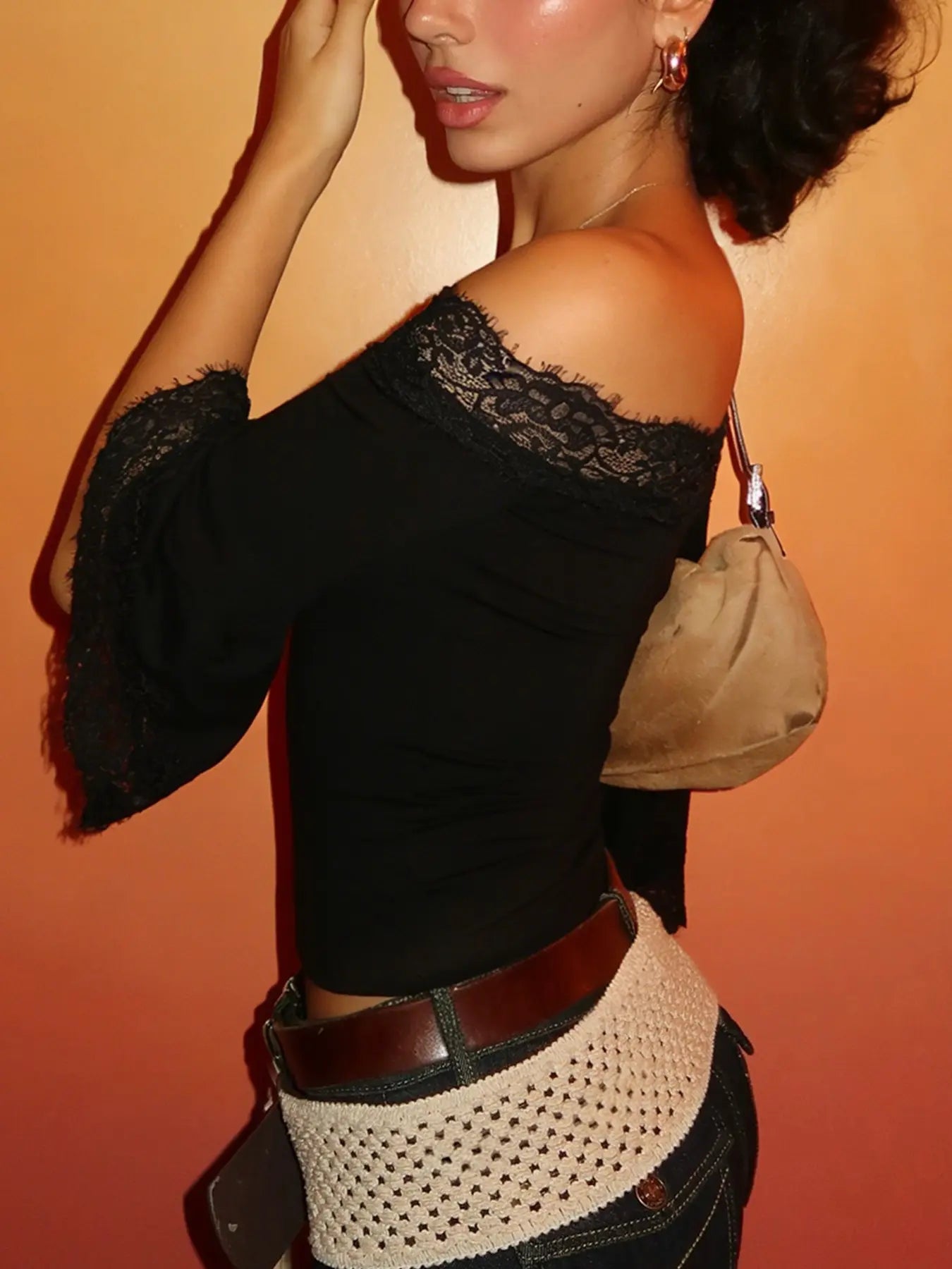 Y2K Lace Off Shoulder Long Sleeve Top for Women