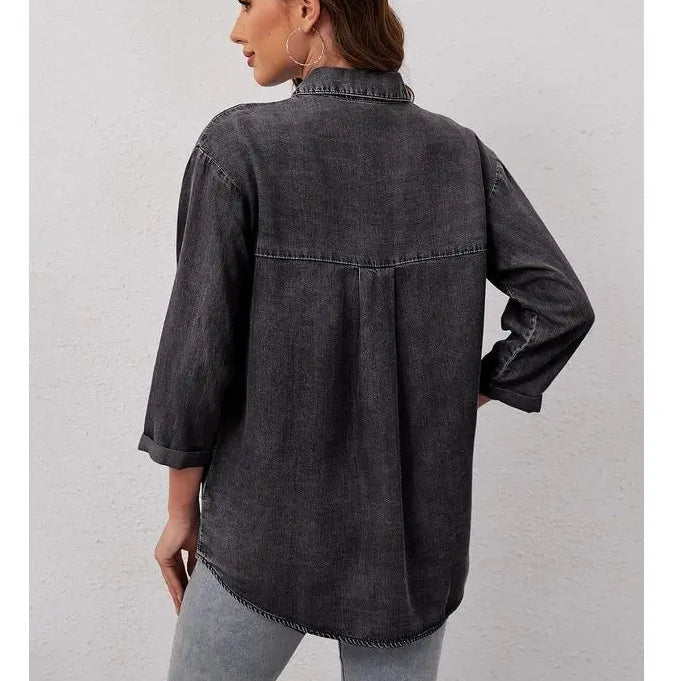 Women’s Tencel Chambray Denim Shirt – Oversized Button Down 3/4 Sleeve Top with Pockets