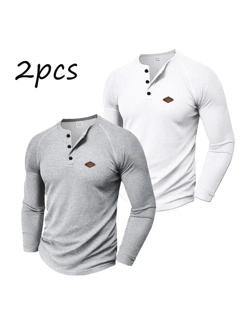 Men's 2-Pack Waffle Knit Henley Shirts – Long Sleeve Raglan Casual Tops