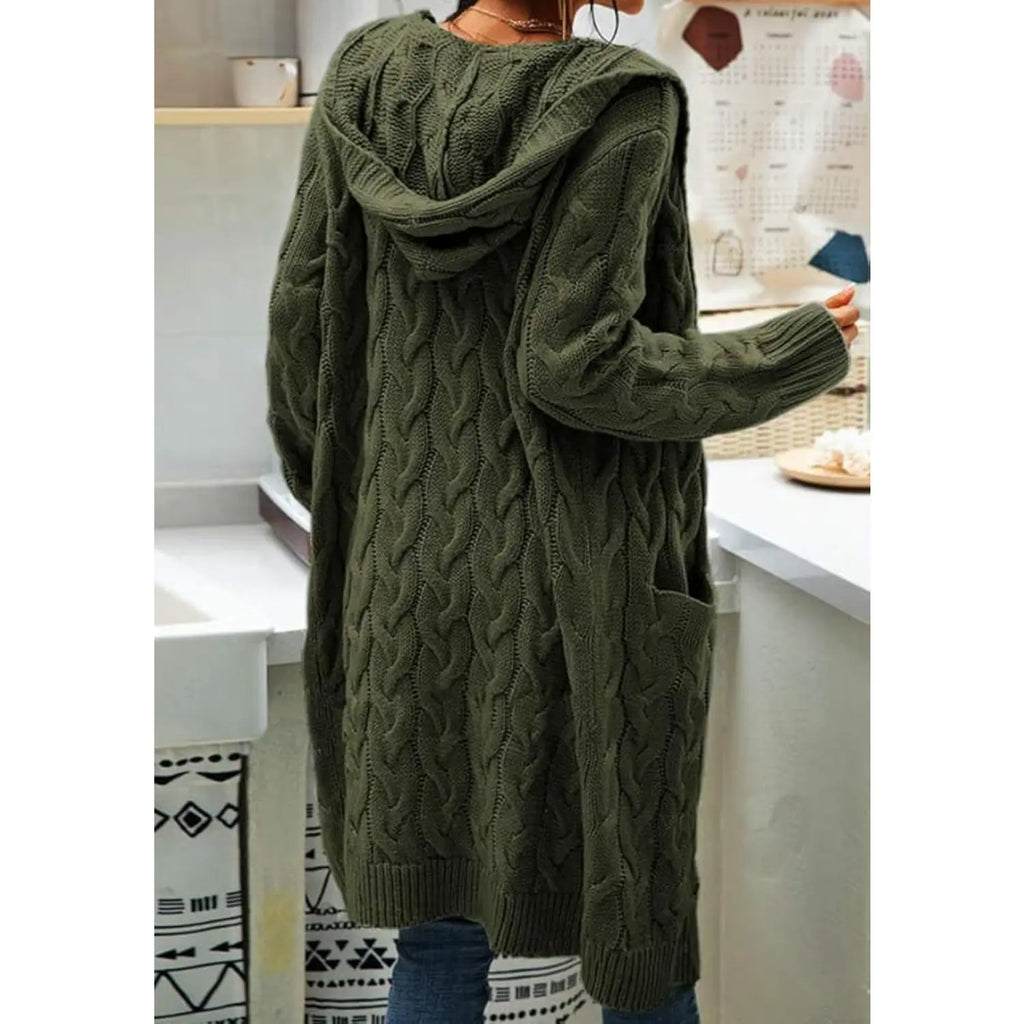 Women's Cozy Cable Knit Hooded Cardigan – Long Open Front Sweater with Pockets