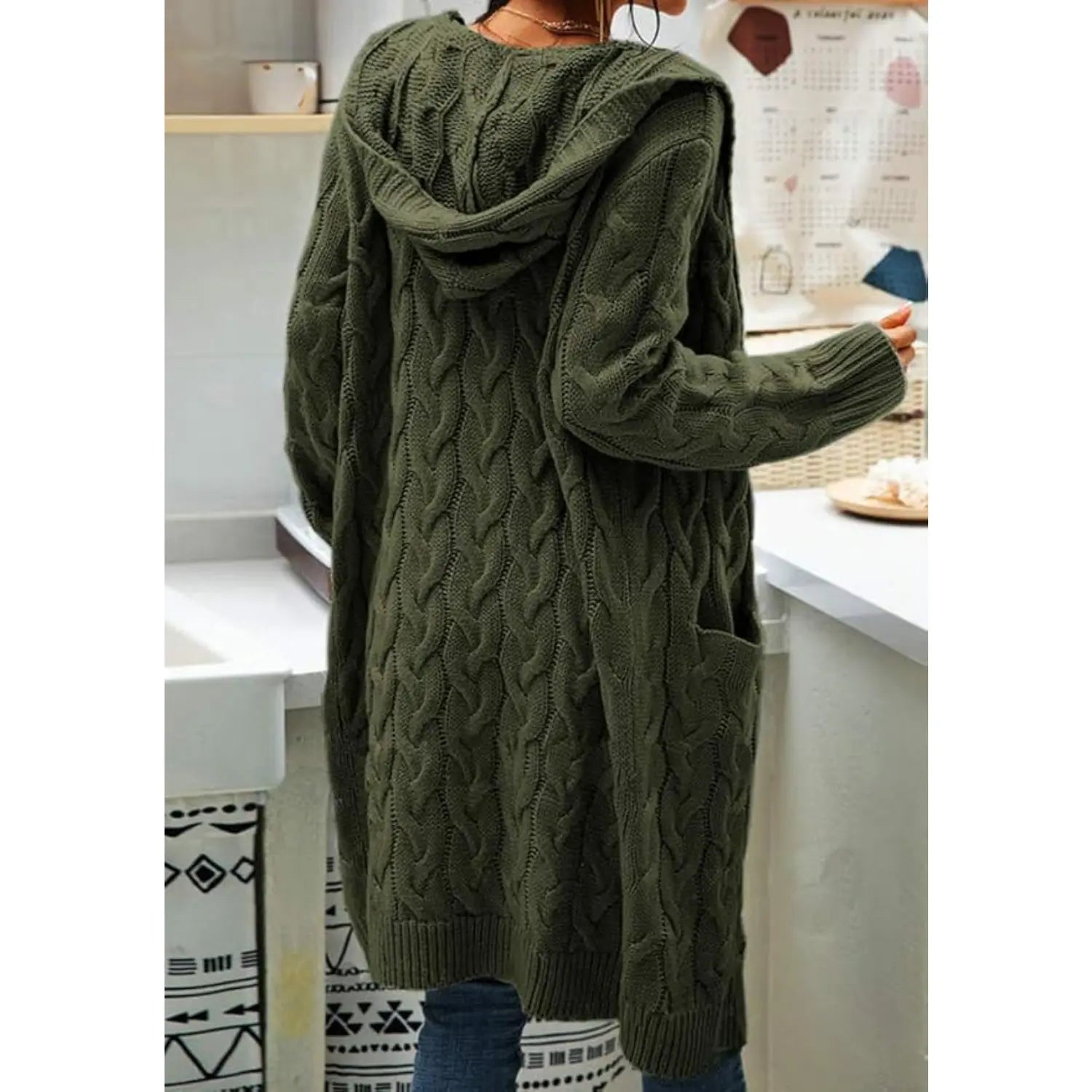 Women's Cozy Cable Knit Hooded Cardigan – Long Open Front Sweater with Pockets