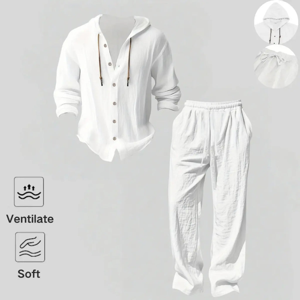 Men's Linen Hooded Set – Lightweight Button Shirt & Relaxed Pants