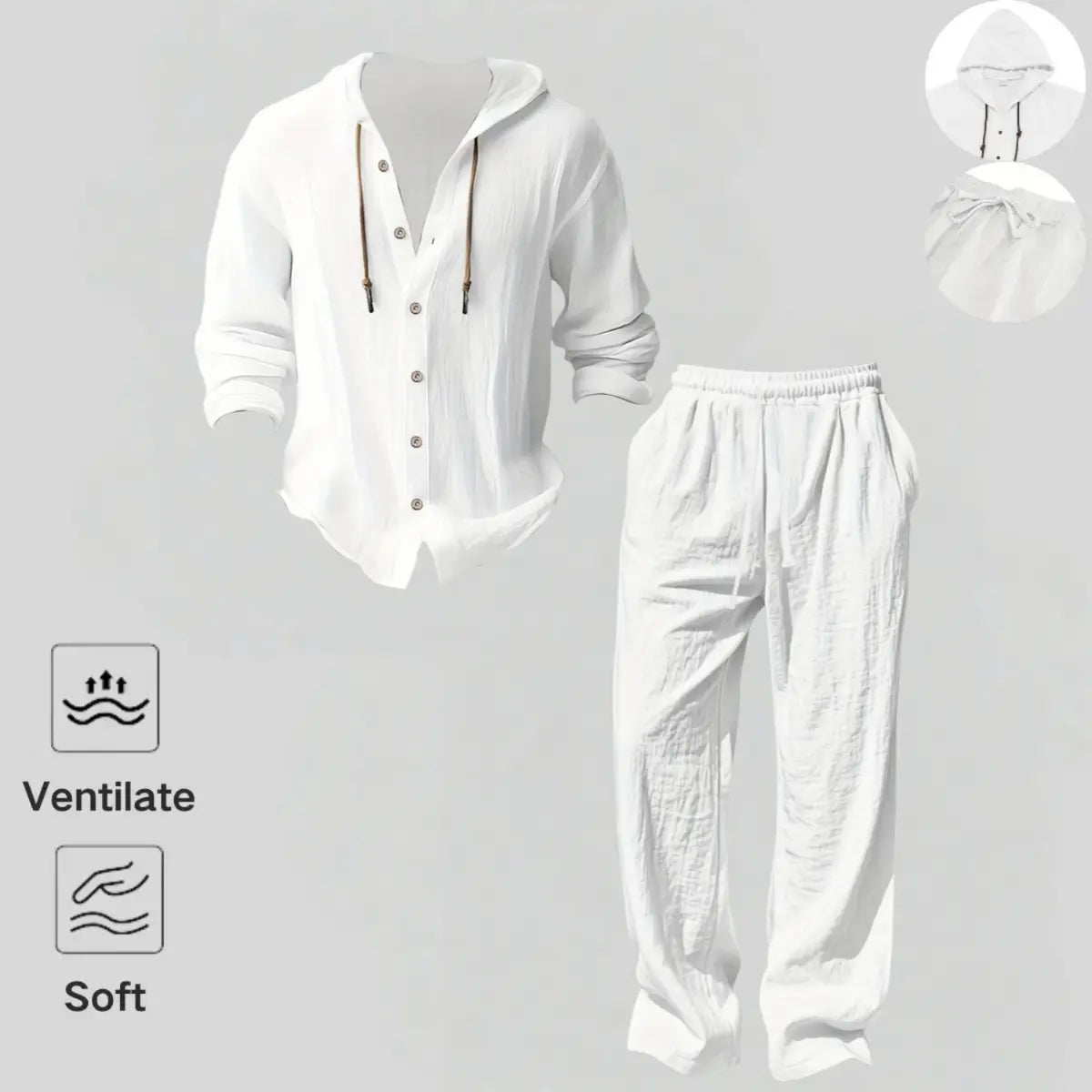 Men's Linen Hooded Set – Lightweight Button Shirt & Relaxed Pants