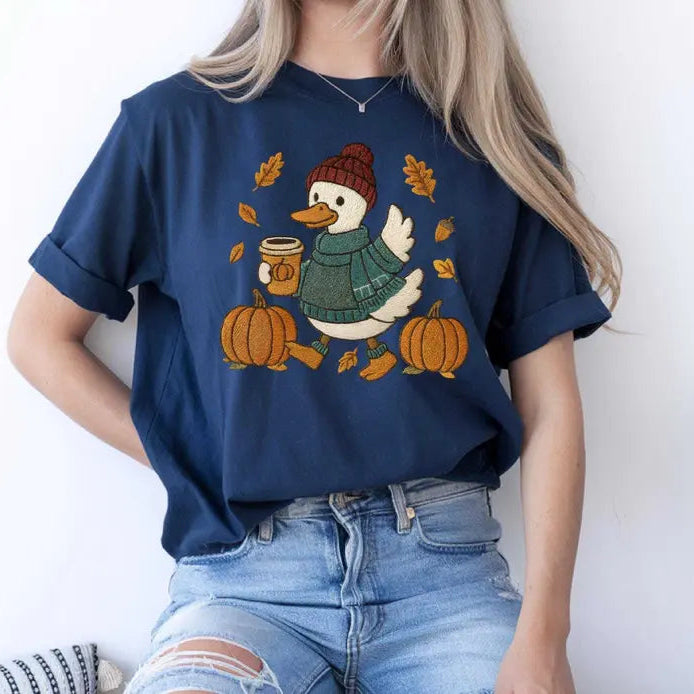 Fall Duck Sweatshirt/Hoodie/T-shirt – Cute Printed Duck Coffee Pumpkin Cozy Crewneck