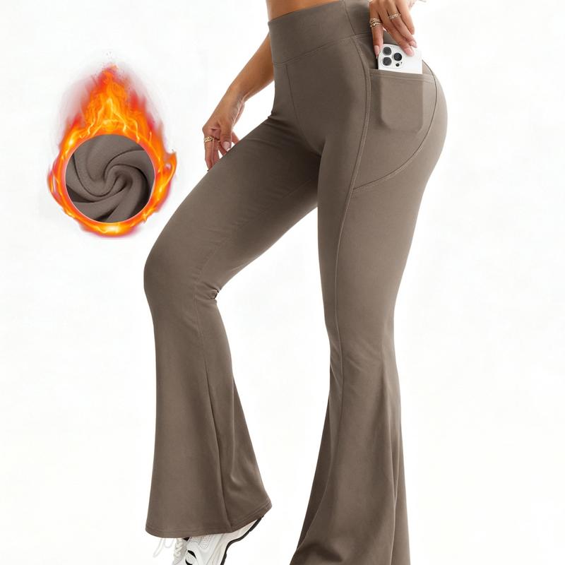 Women's Fleece-Lined Flare Leggings – High-Waisted Warm Pants with Pockets