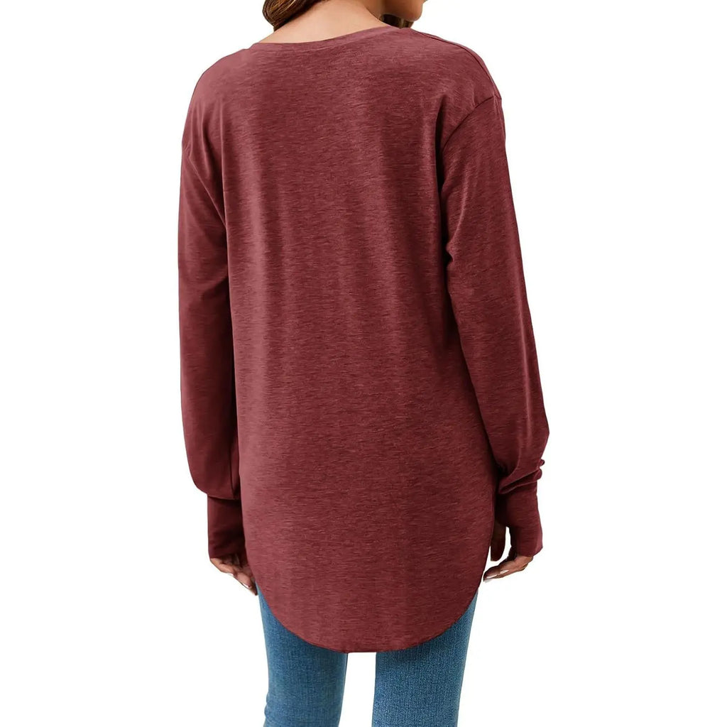 Women’s V Neck Long Sleeve Tunic Top – Loose Fit Curved Hem Casual Basic T-Shirt