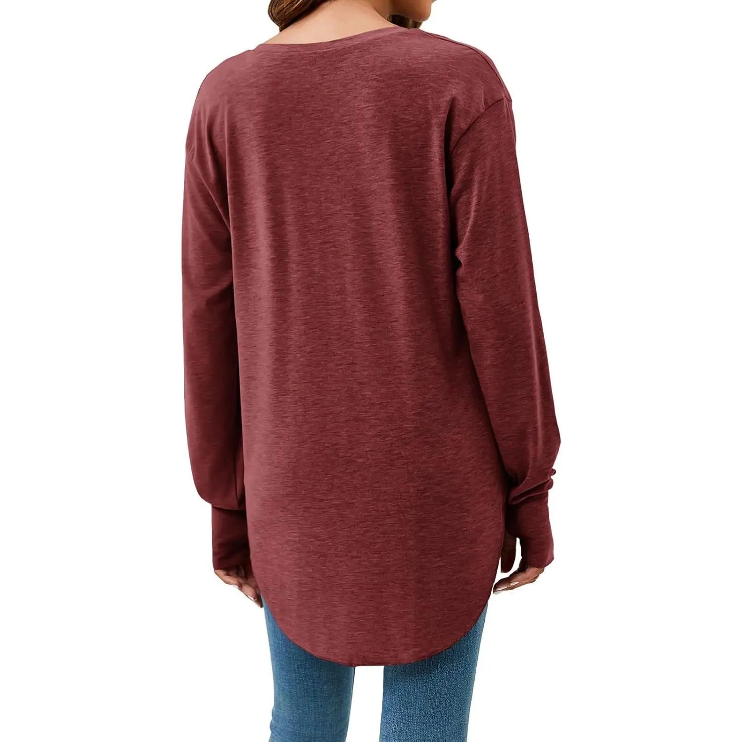 Women’s V Neck Long Sleeve Tunic Top – Loose Fit Curved Hem Casual Basic T-Shirt