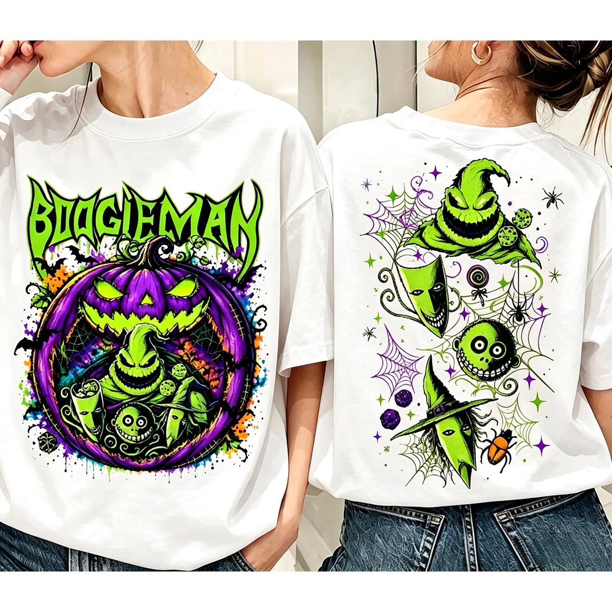 Boogeyman Halloween T-Shirt/Sweatshirt/Hoodie – Neon Spooky Character Front & Back Graphic Tee