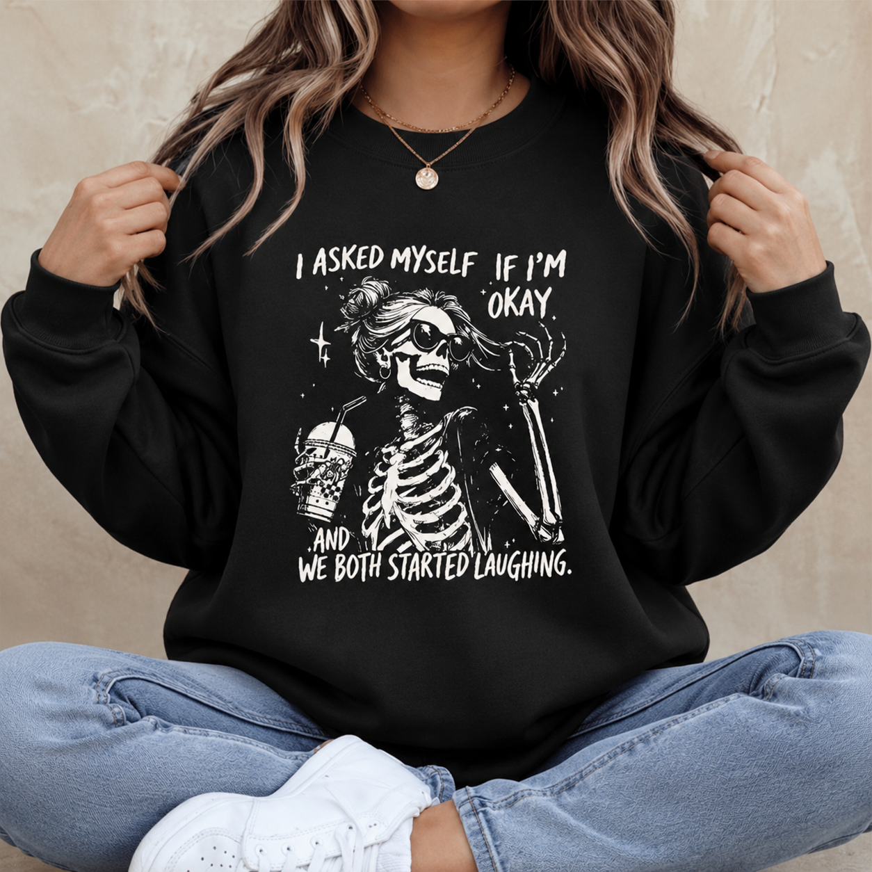 Funny Asked myself if I’m okay - Coffee Skeleton Graphic T-Shirt/Sweatshirt/Hoodie