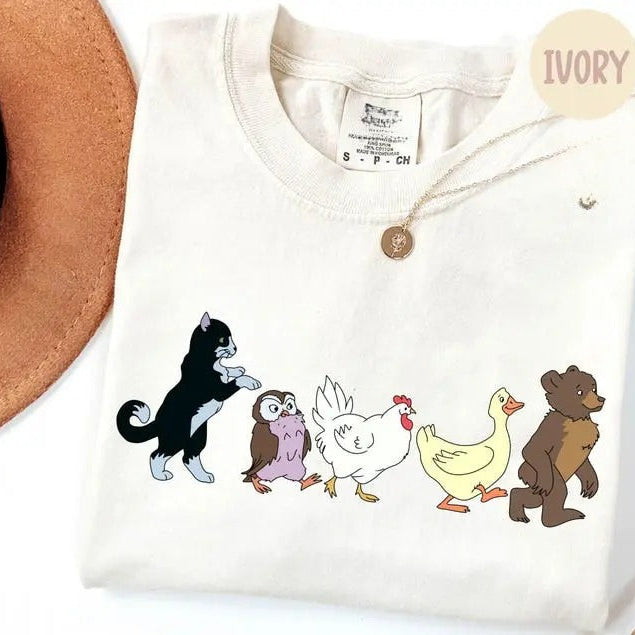 Cute Animal Parade T-Shirt/Sweatshirt/Hoodie – Little Bear Cat Owl Chicken Duck Graphic Tee, Cottagecore Animal Lover Shirt