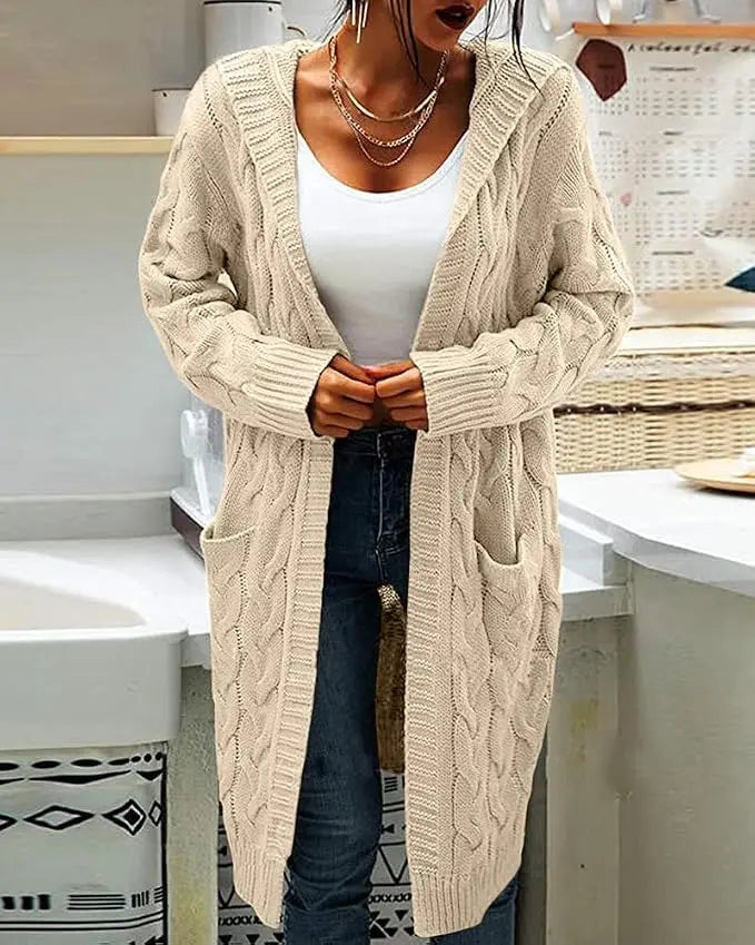 Women's Cozy Cable Knit Hooded Cardigan – Long Open Front Sweater with Pockets