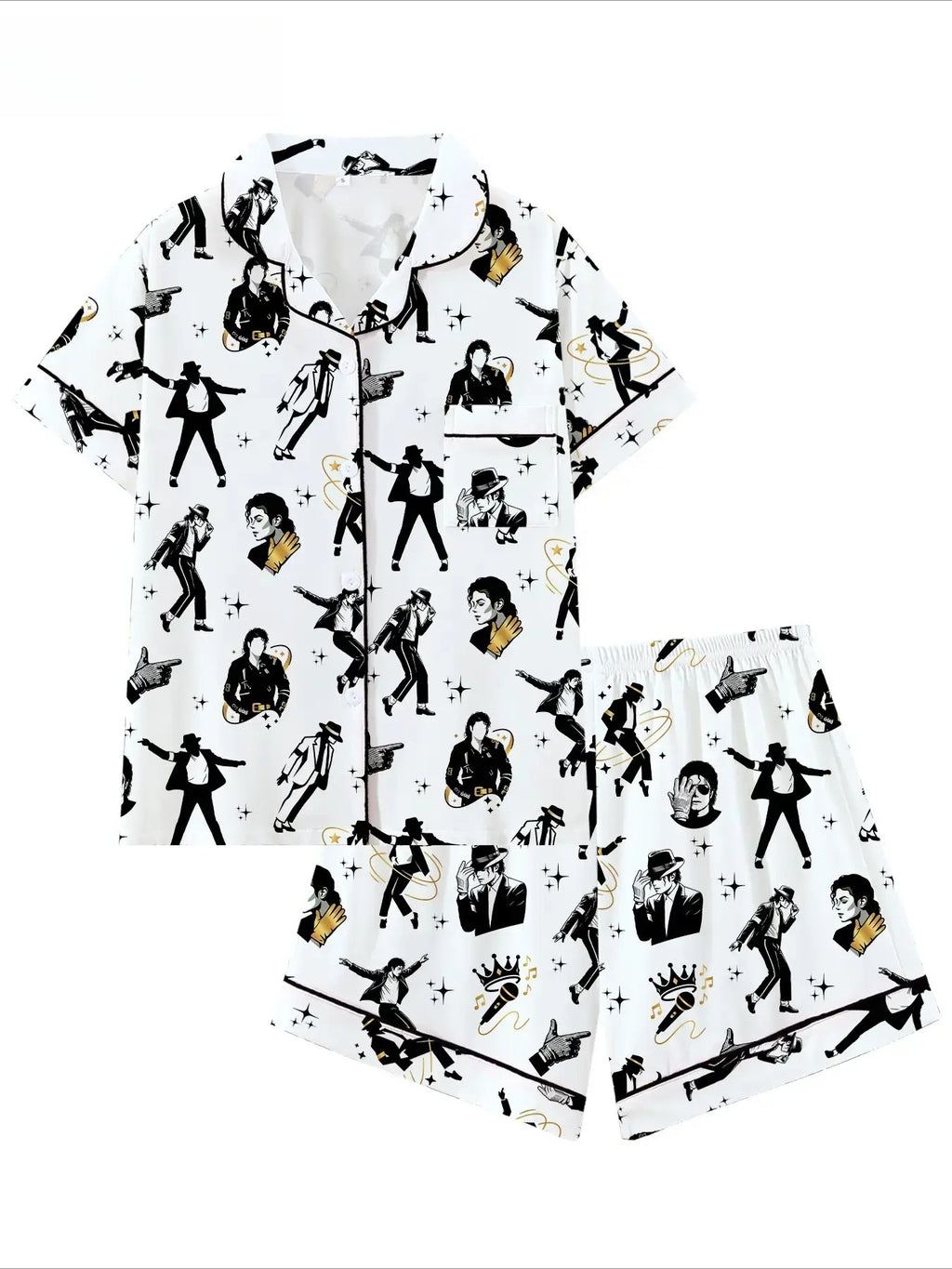 Vintage Music Icon Pajama Set – All-Over Print Button-Up Shirt & Shorts Sleepwear