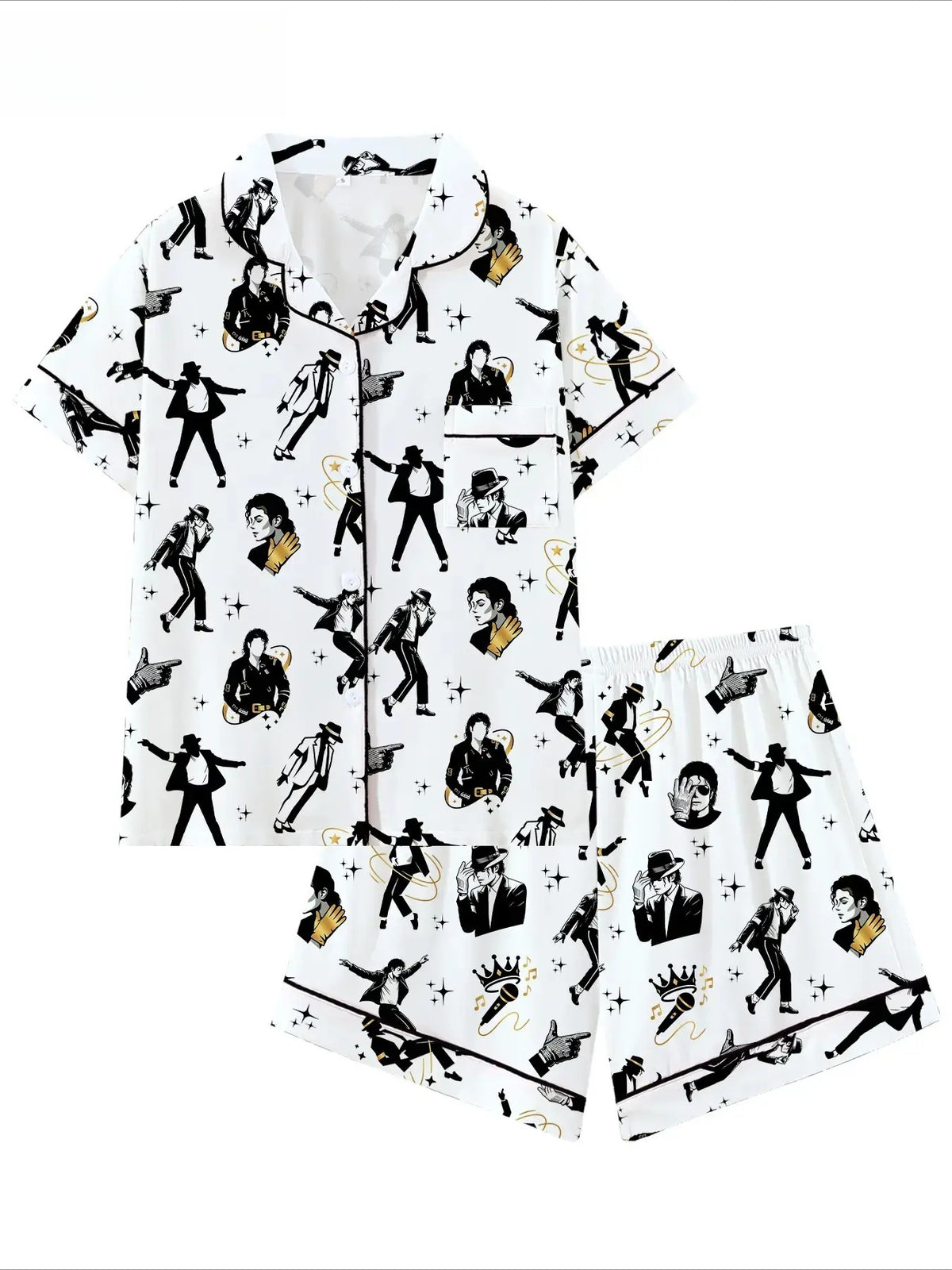 Vintage Music Icon Pajama Set – All-Over Print Button-Up Shirt & Shorts Sleepwear