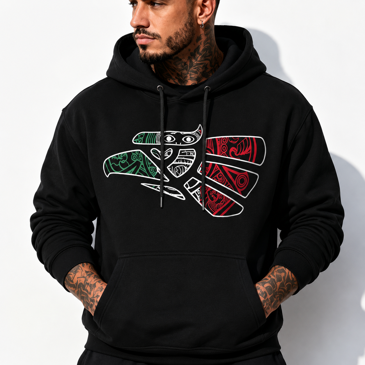 Mexico Heritage Eagle Graphic Tee/Sweatshirt/Hoodie - Featuring Green White Red Mexico Eagle Tribal Art Design with Mexico Flag Tattoo Eagle