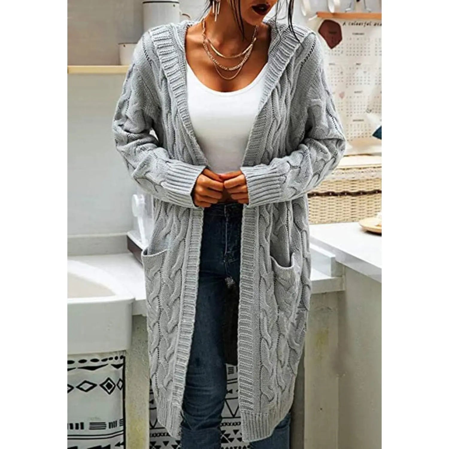 Women's Cozy Cable Knit Hooded Cardigan – Long Open Front Sweater with Pockets
