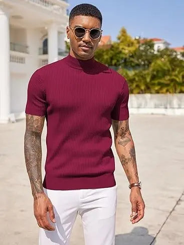 Men's Ribbed Mock Neck T-Shirt – Minimalist Short Sleeve Knit Top
