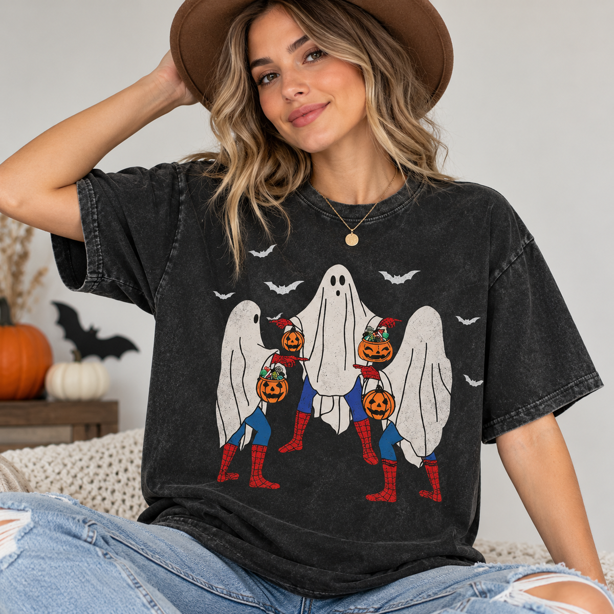 Funny Bedsheet Ghost Halloween T-Shirt/Sweatshirt/Hoodie – Vintage Trick or Treat Washed Graphic Tee