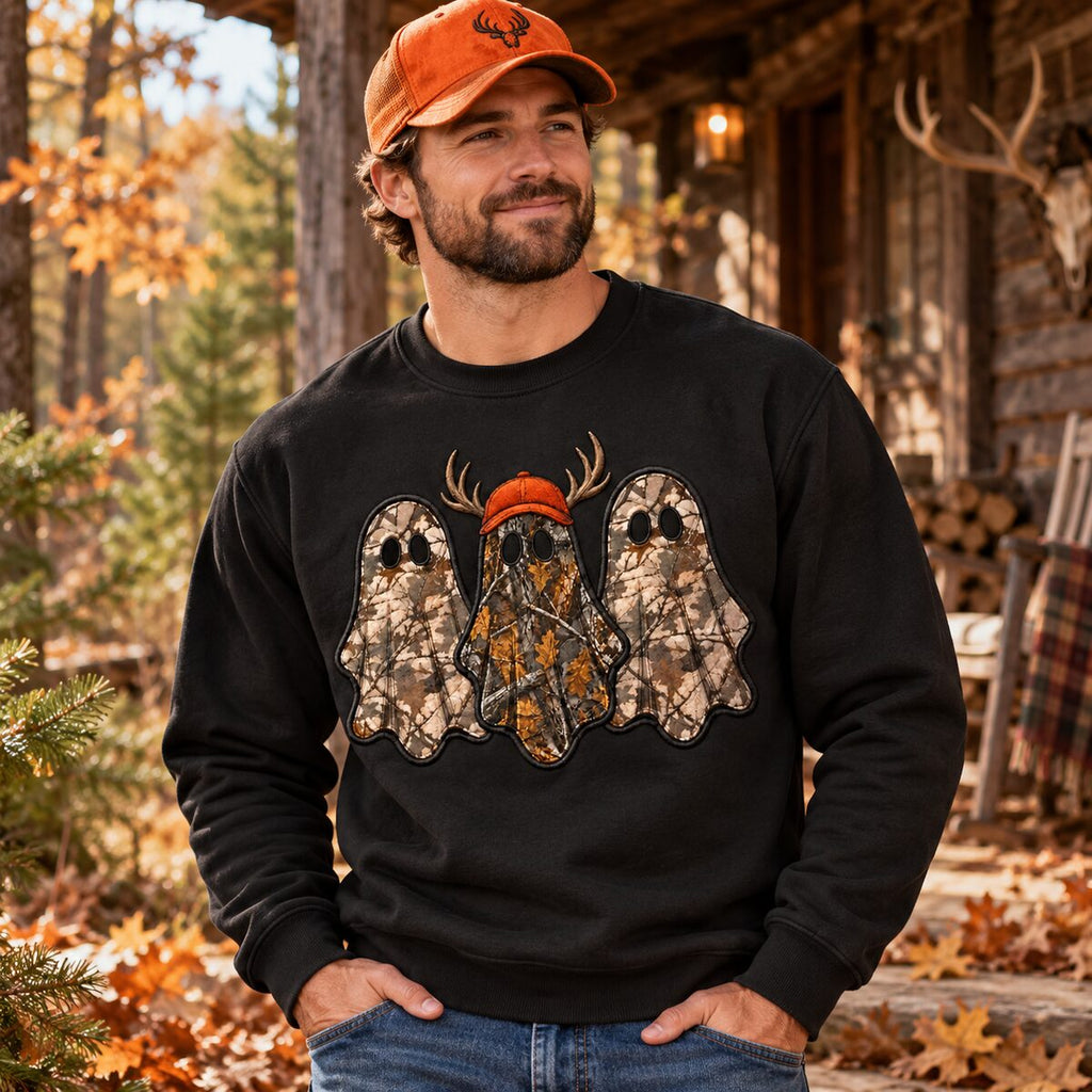 Camo Ghost Hunting Halloween Printed Sweatshirt/Hoodie/T-shirt – Vintage Hunting Season Graphic Crewneck