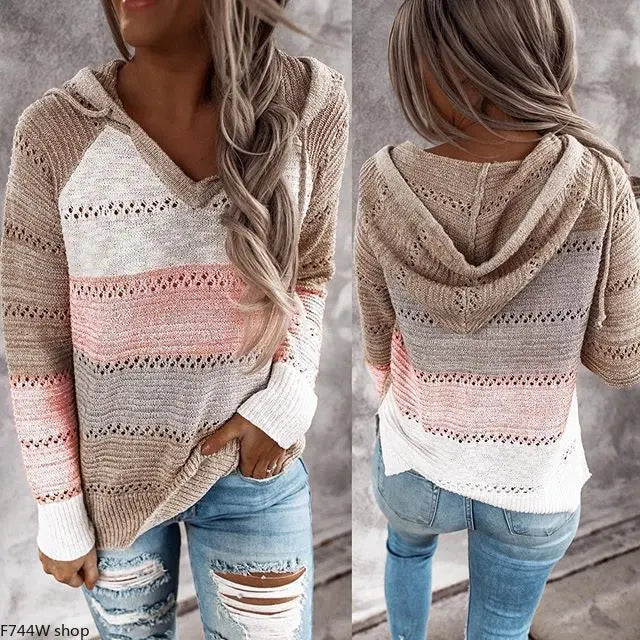 Women’s Color Block Knit Hoodie – Casual Openwork Pullover Sweater