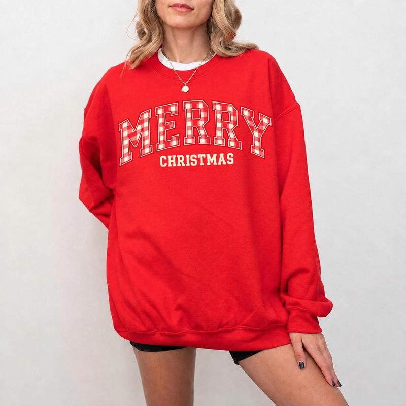 Merry Christmas Plaid Varsity Sweatshirt/Hoodie/T-Shirt – Vintage Green Oversized Holiday Crewneck