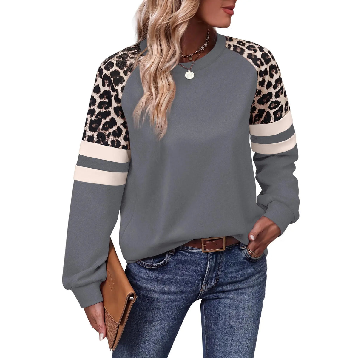Women’s Leopard Color Block Sweatshirt – Long Sleeve Crewneck Casual Pullover Top