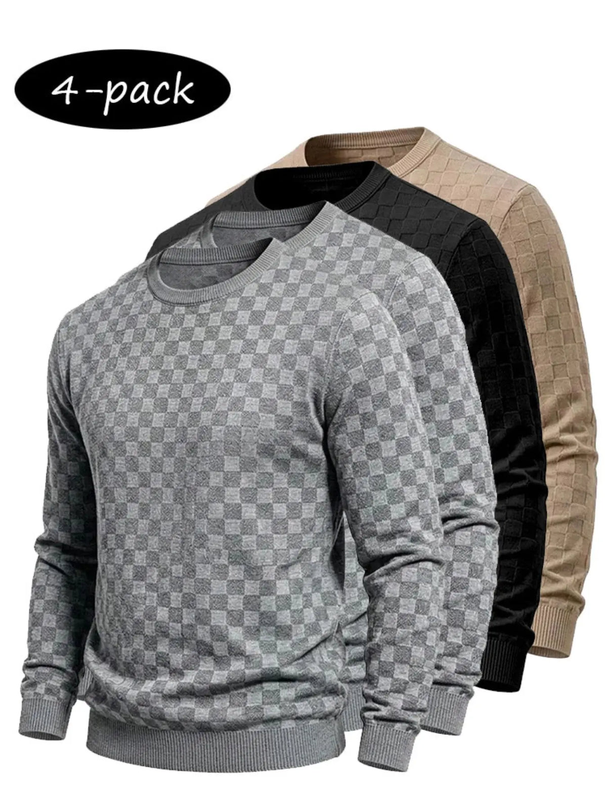 4-Pack Men’s Checkered Knit Sweaters – Lightweight Crewneck Long Sleeve Pullovers