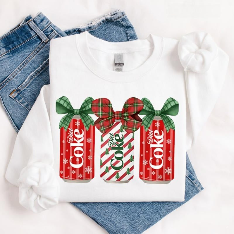 Christmas Soda Bow Sweatshirt/Hoodie/T-Shirt – Cute Plaid Ribbon Holiday Graphic Crewneck