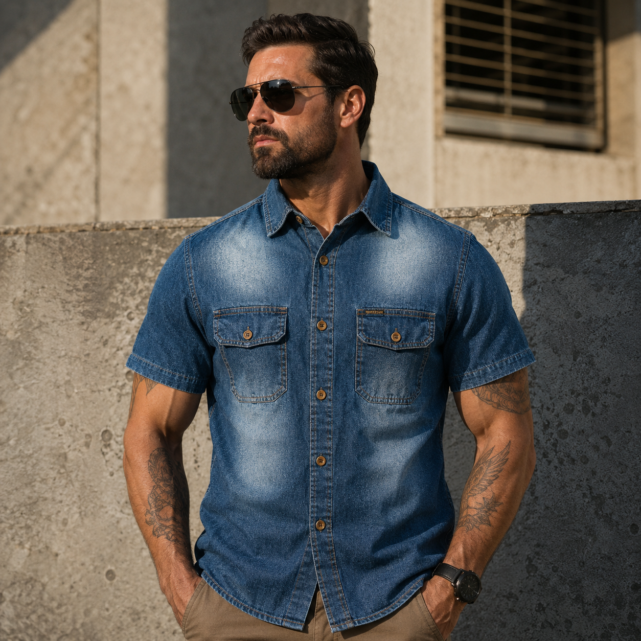 Men's Vintage Washed Denim Shirt – Short Sleeve Double Pocket Work Shirt