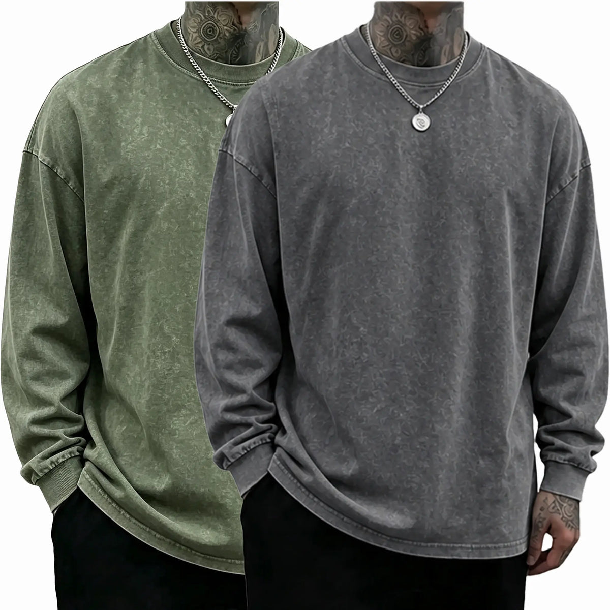 Men’s Vintage Washed Long Sleeve T-Shirt/Sweatshirt/Hoodie – Oversized Crewneck Relaxed Fit Streetwear Tee