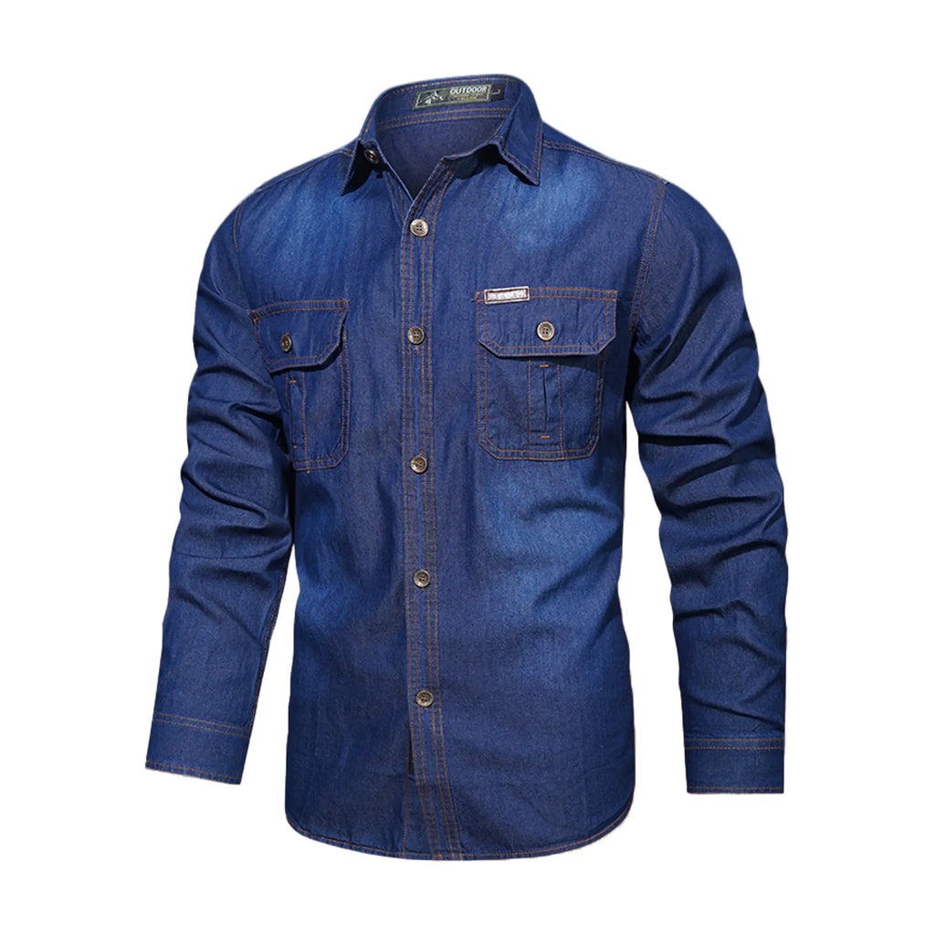Men's Washed Denim Work Shirt – 100% Cotton Long Sleeve Utility Shirt