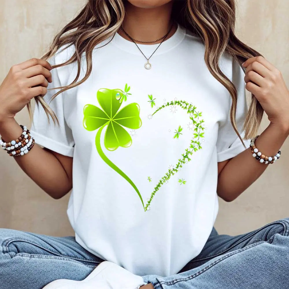 Crew Neck T Shirt  Four Leaf Clover Heart Design St Patrick's Day Celebration