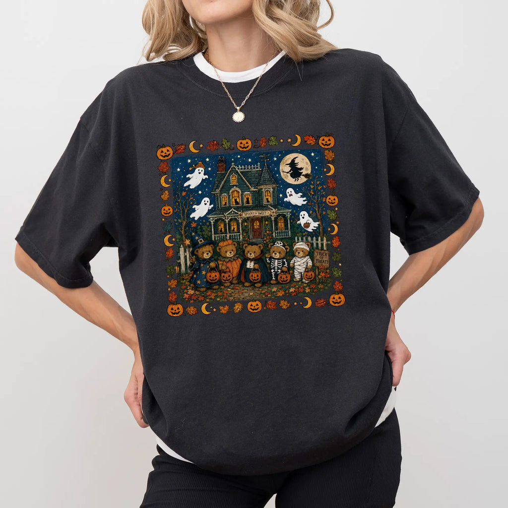 🎃Vintage Halloween Teddy Bear Graphic T-Shirt/Sweatshirt/Hoodie – Haunted House Trick or Treat Cotton Tee