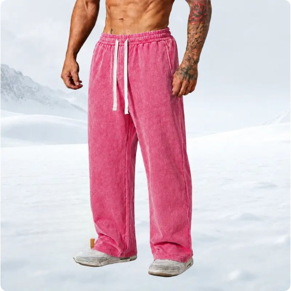 Men's Vintage Washed Baggy Heavyweight Fabric Sweatpants – Loose Straight-Leg Drawstring Pants